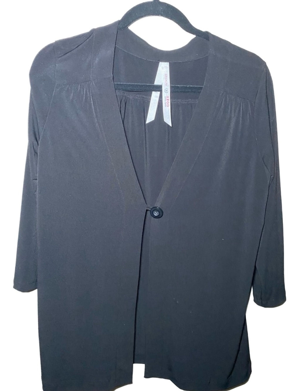 IZOD Silver Crest Black Cardigan Sweater Medium V-Neck Single Button 3/4 Sleeve‎
